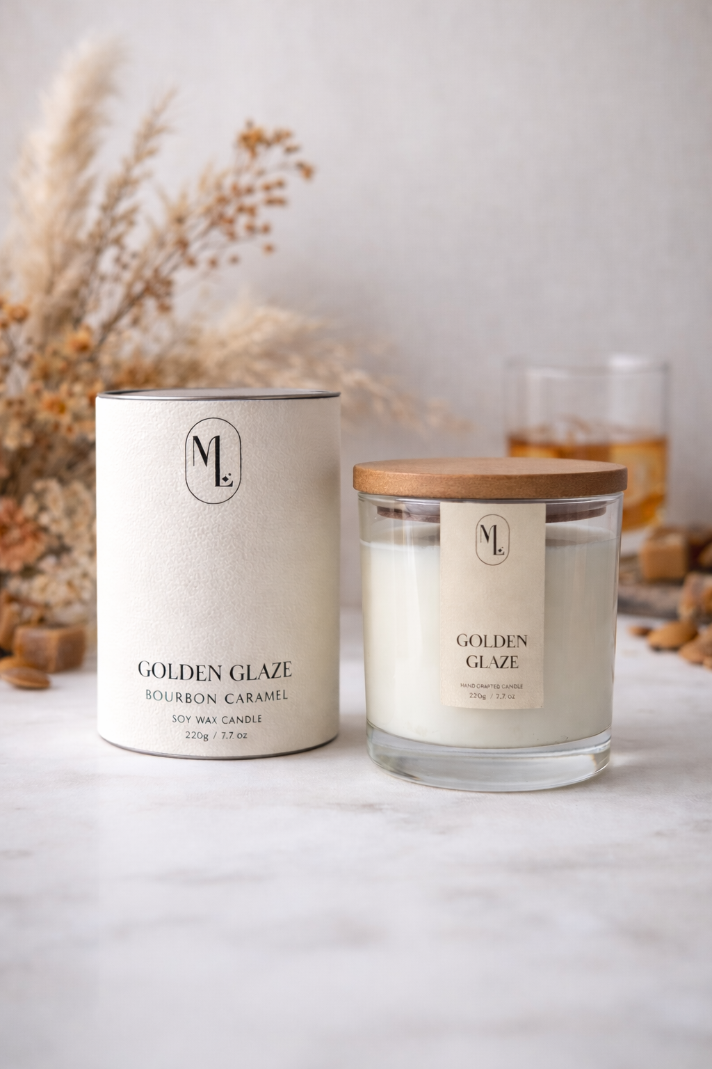 Luxuriöse Sojawachs Duftkerze – Golden Glaze | Bourbon Caramel