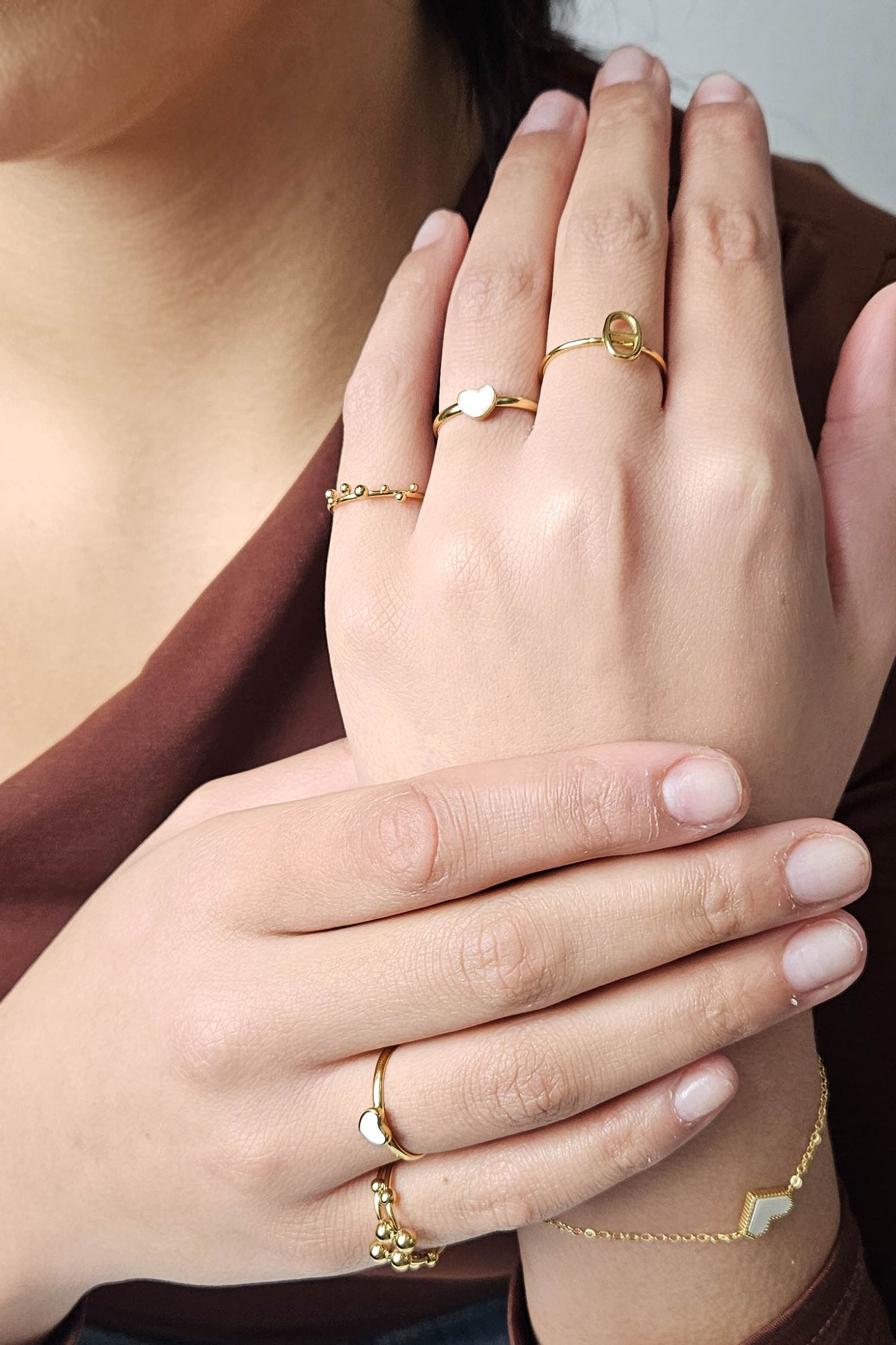 Edelstahlring Single weißes Herz gold