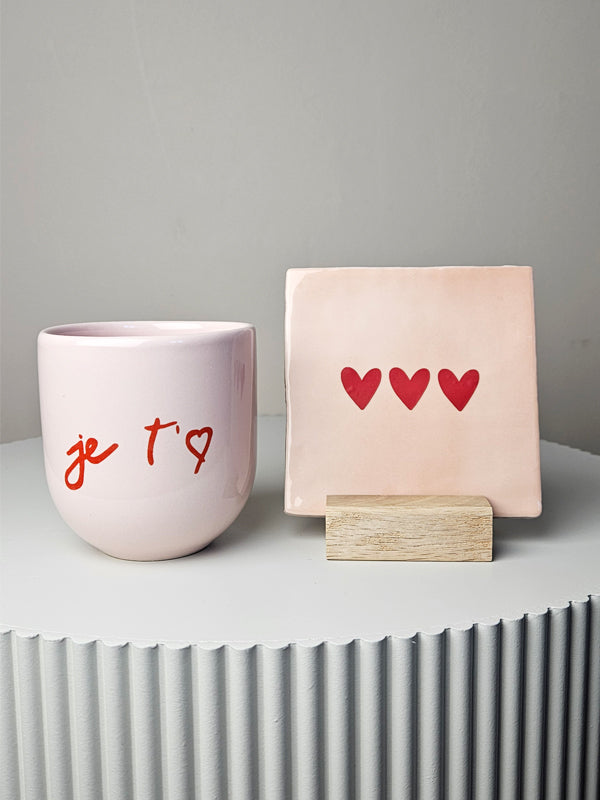 Valentinstag Geschenkset Tasse & Fliese rosa