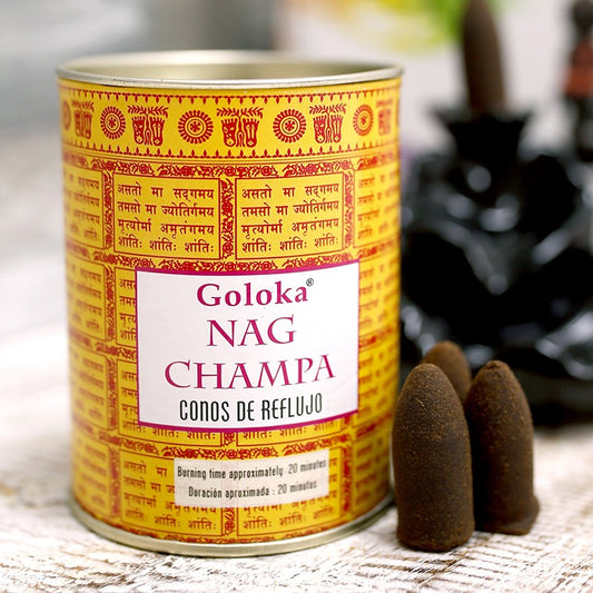 Goloka Nag Champa Rückfluss-Räucherkegel – 24 Stück in Dose