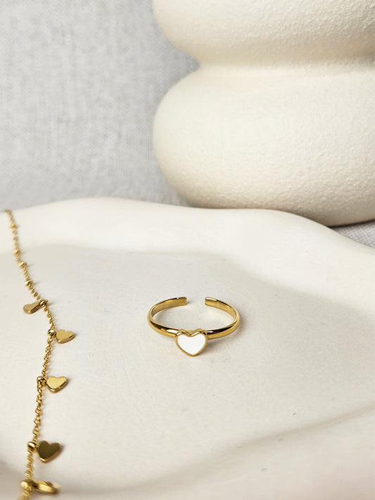Edelstahlring Single weißes Herz gold